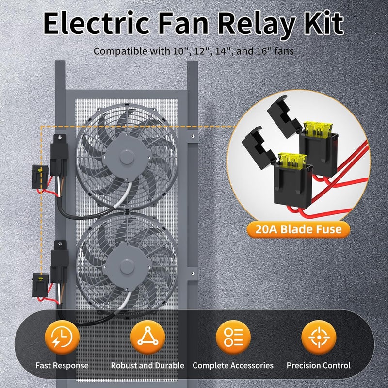 Joinfworld Dual Electric Fan Relay Kit Radiator Cooling Fan Thermostat Kit, 185°F On/175°F Off Temperature Switch, 40 AMP Waterproof Relay with Fan Mounting Kit for Car - Image 2